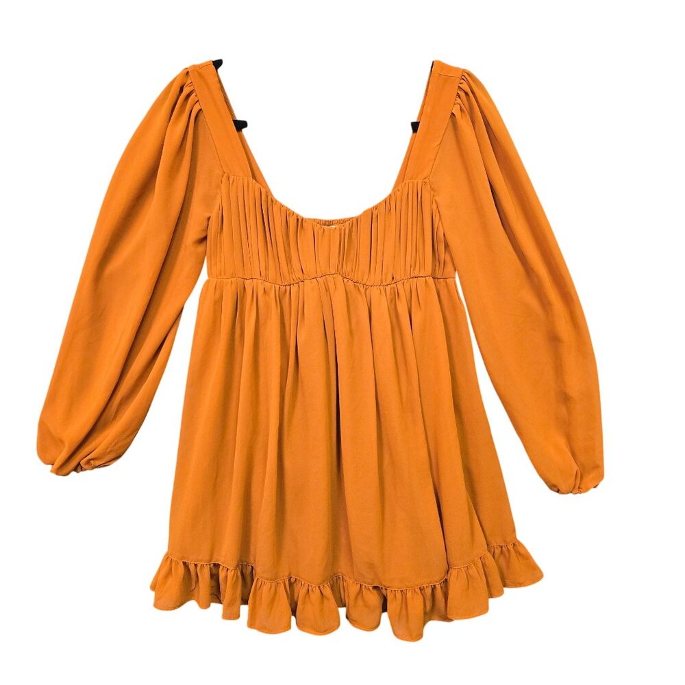 Abercrombie Fitch Orange Square Neck Babydoll Dress Ruffle Hem Long‎ Sleeve S